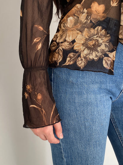 Vintage Y2K Surrender Women Black & Brown Floral Sheer Mesh Ruffle Blouse - M
