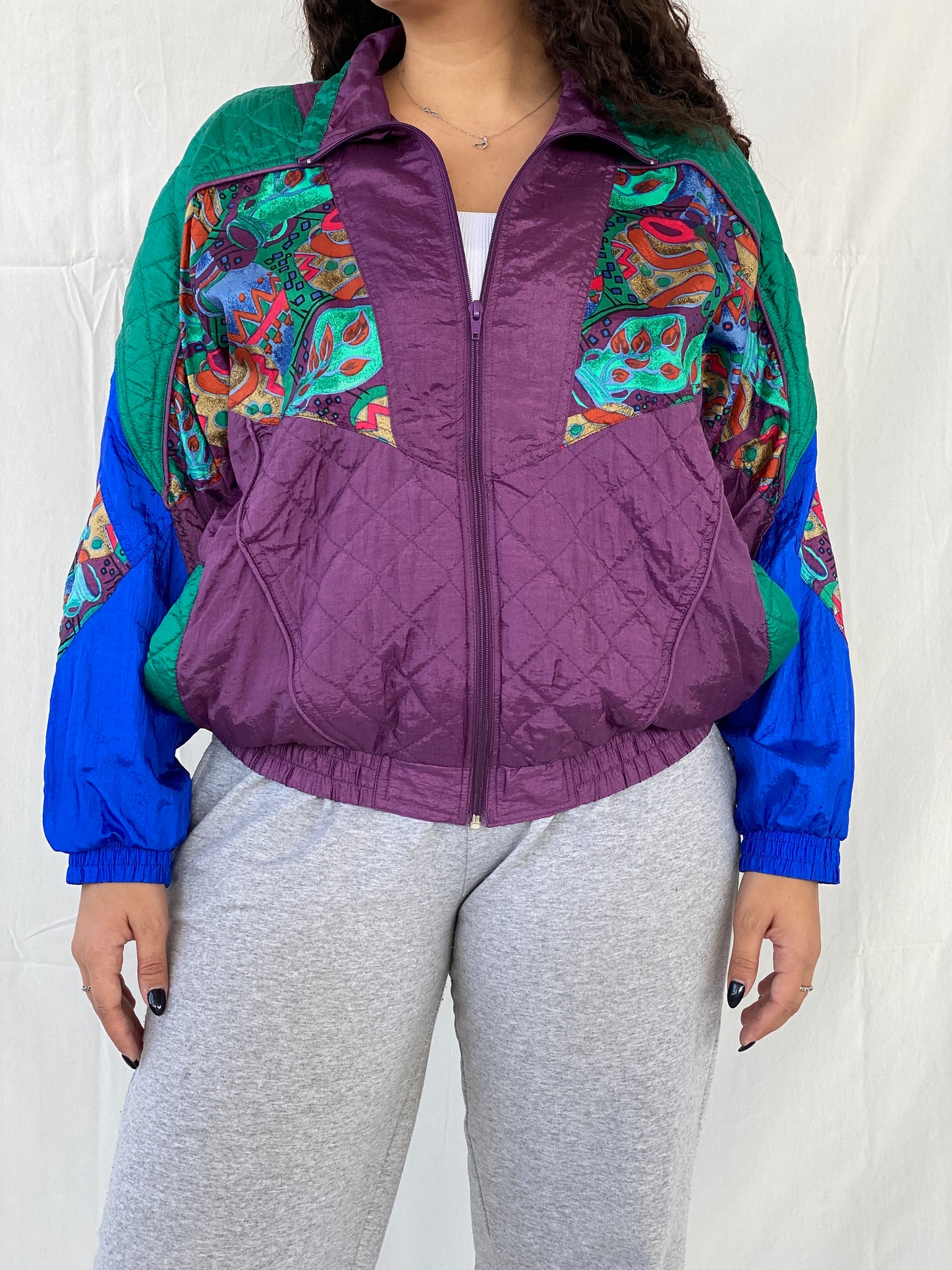 Vintage 80s/90s Active Studio by Div Rousso Quilted Green & Purple Track Windbreaker Jacket - M