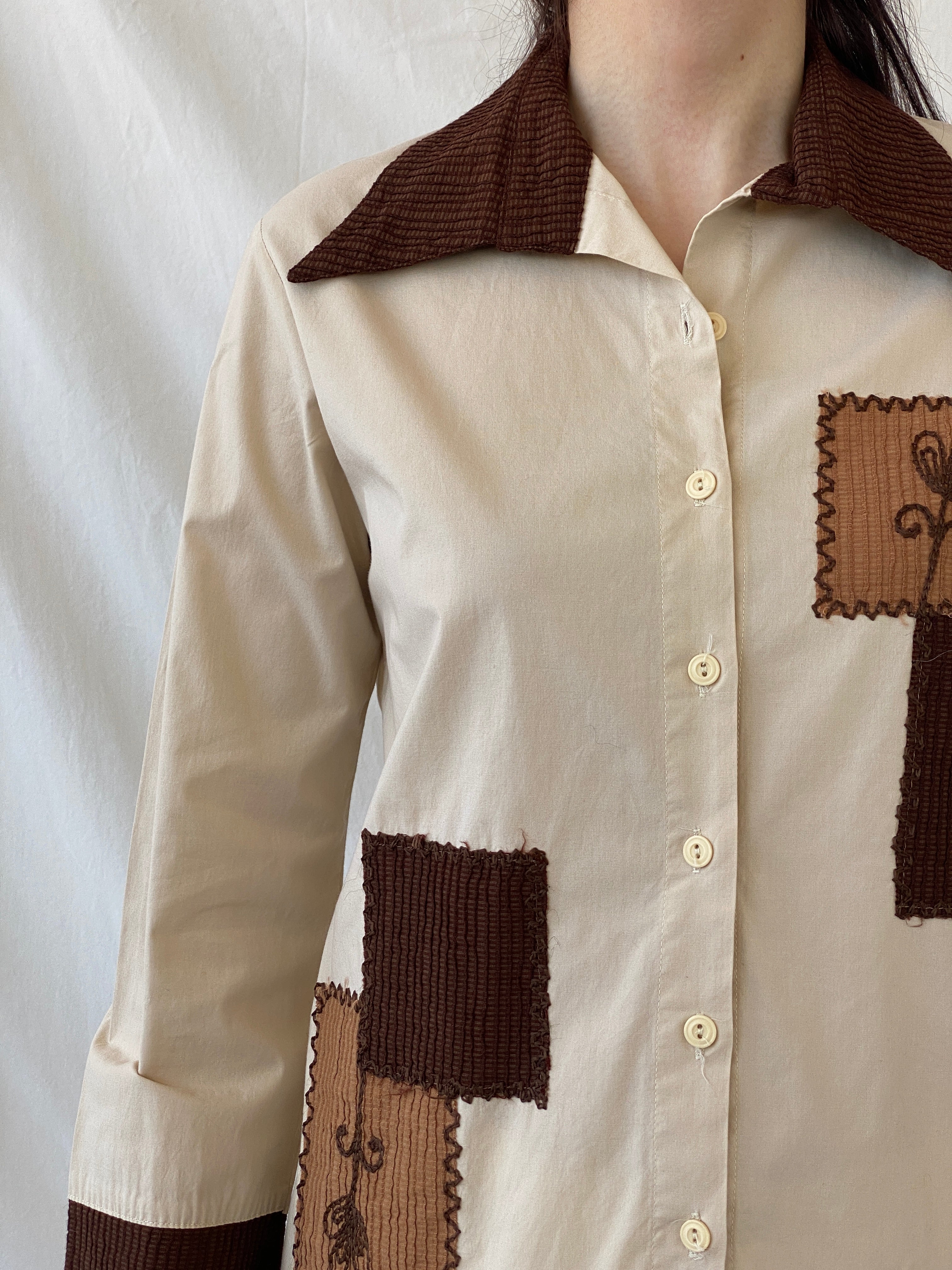 Vintage Y2K Sem Beige Patchwork Full Sleeve Button Up Shirt - L