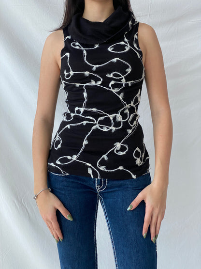 Y2K Black Turtle Neck Sleeveless Abstract Wool Embroidery Top - S