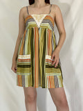 Y2K Valleygirl Striped Sundress Cotton Green Orange Pockets Dress - L