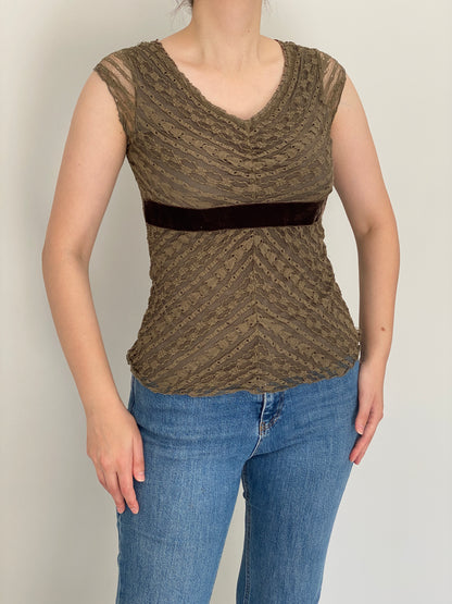 Vintage Y2K Merona Olive Green Lace Velvet Empire Waist Top – S
