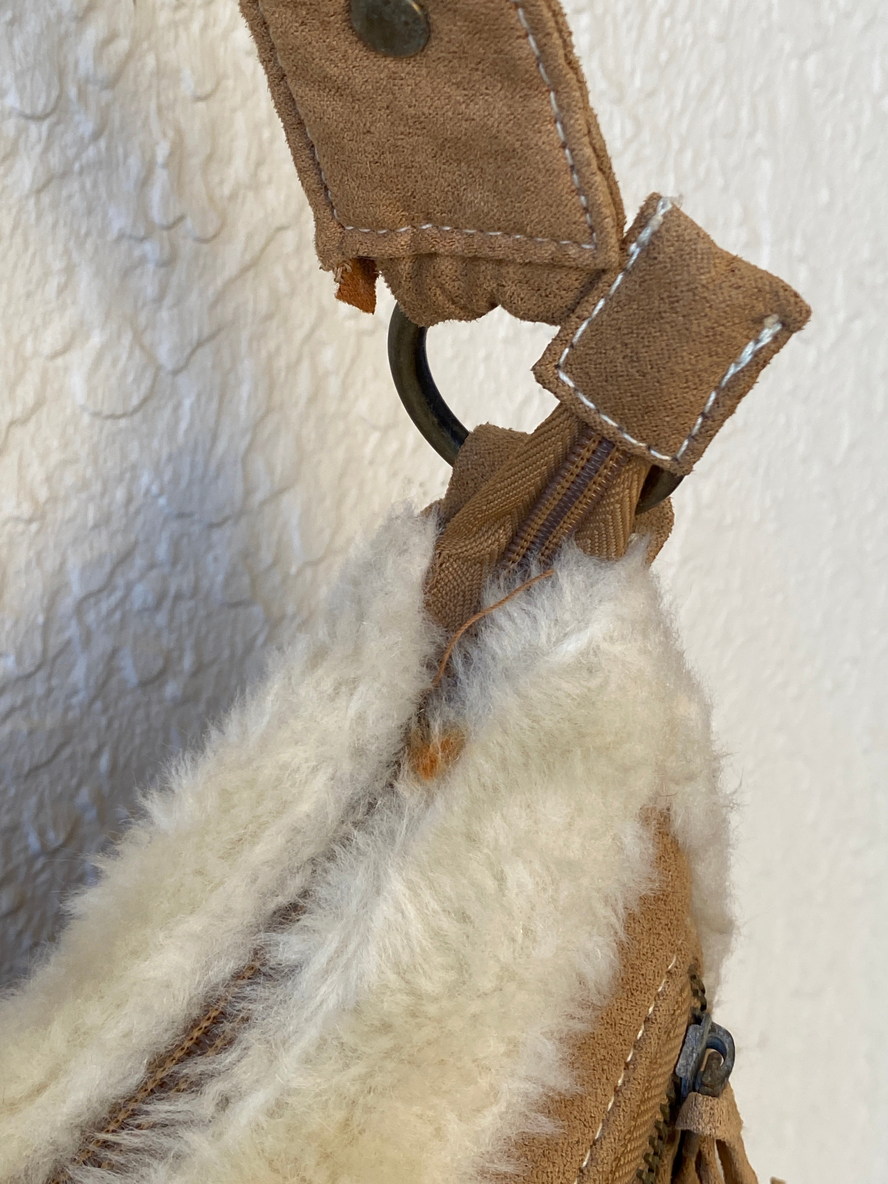 Y2K Shearling Brown Shoulder Bag with Fuzzy Trim & Stud Details Purse