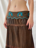 Vintage Whimsygoth Tiered Gypsy Lace Layered Brown Skirt with Blue Floral Embroidery - XL