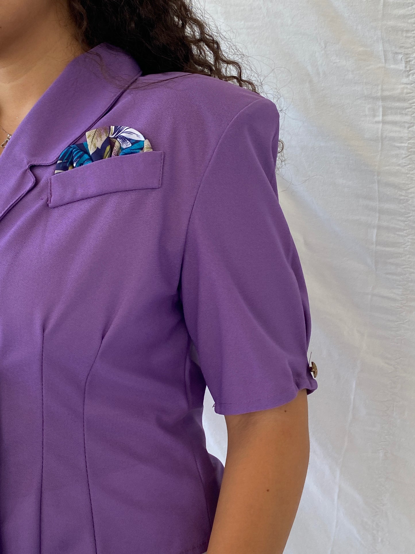 Vintage 90s Pleat Half-Sleeve Purple Buttoned Women’s Blazer - L