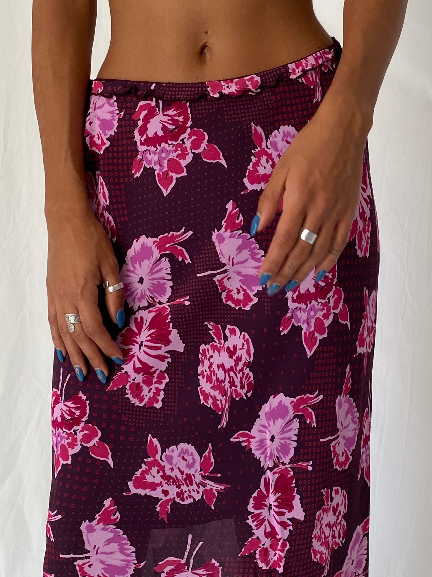 Vintage Y2K Caroll Paris Burgundy Pink Viscose Floral Midi Skirt – M