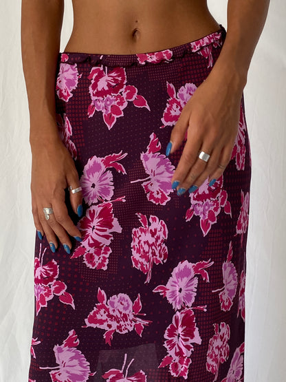 Vintage Y2K Caroll Paris Burgundy Pink Viscose Floral Midi Skirt – M