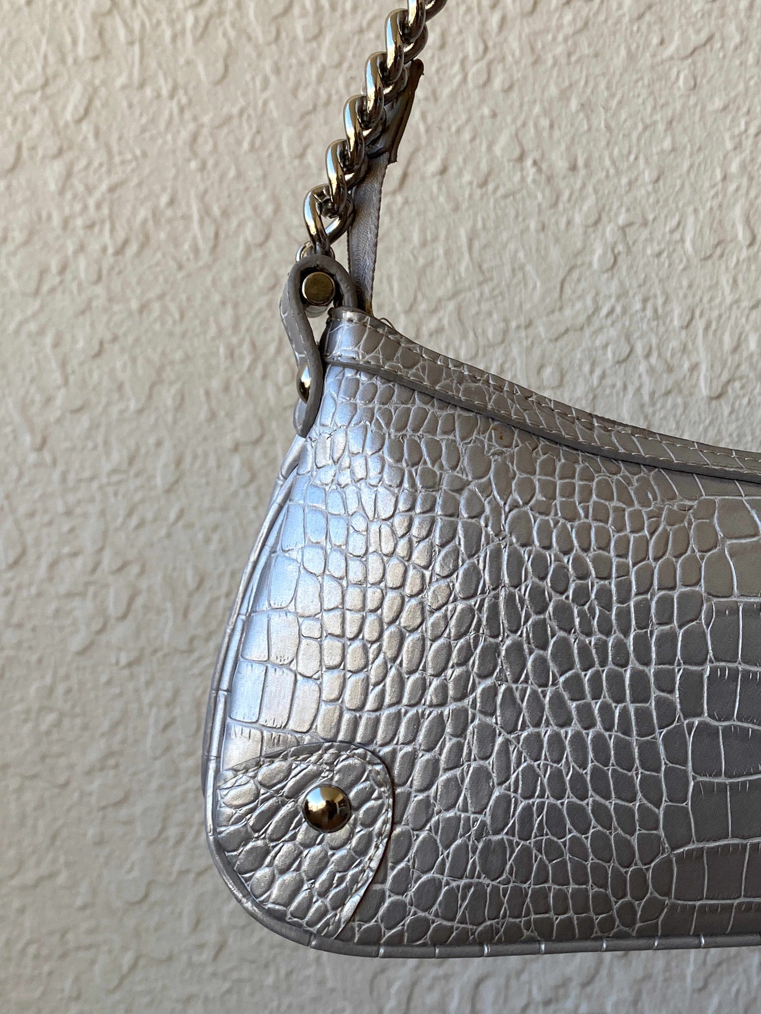 Nine West Silver Croc Embossed Shoulder Bag – Y2K Chain Strap Purse