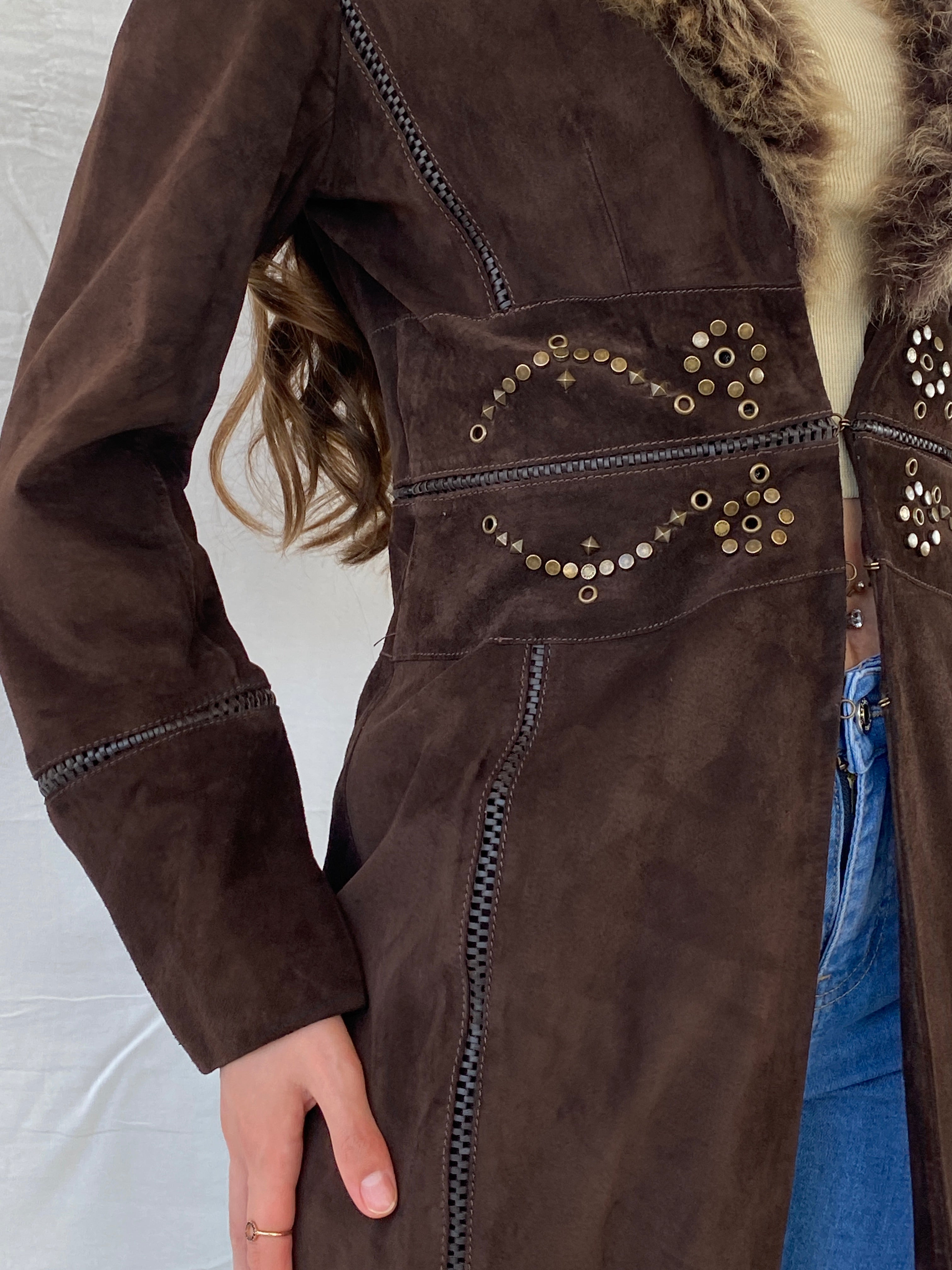 معطف كارين ميلين الأفغاني ذو الياقة الفروية من جلد الغزال البني - مقاس صغير