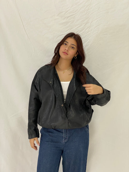 Vintage CAMPOY Black Genuine Leather Jacket Oversized Relaxed Fit Leather Coat - M