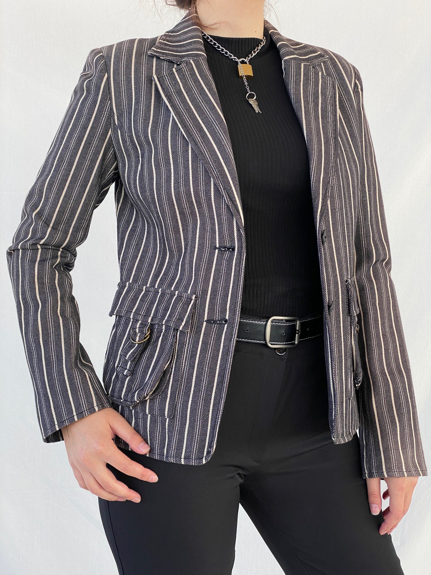 00s Vila Clothes Striped Black and White Women’s Cotton Blazer - L