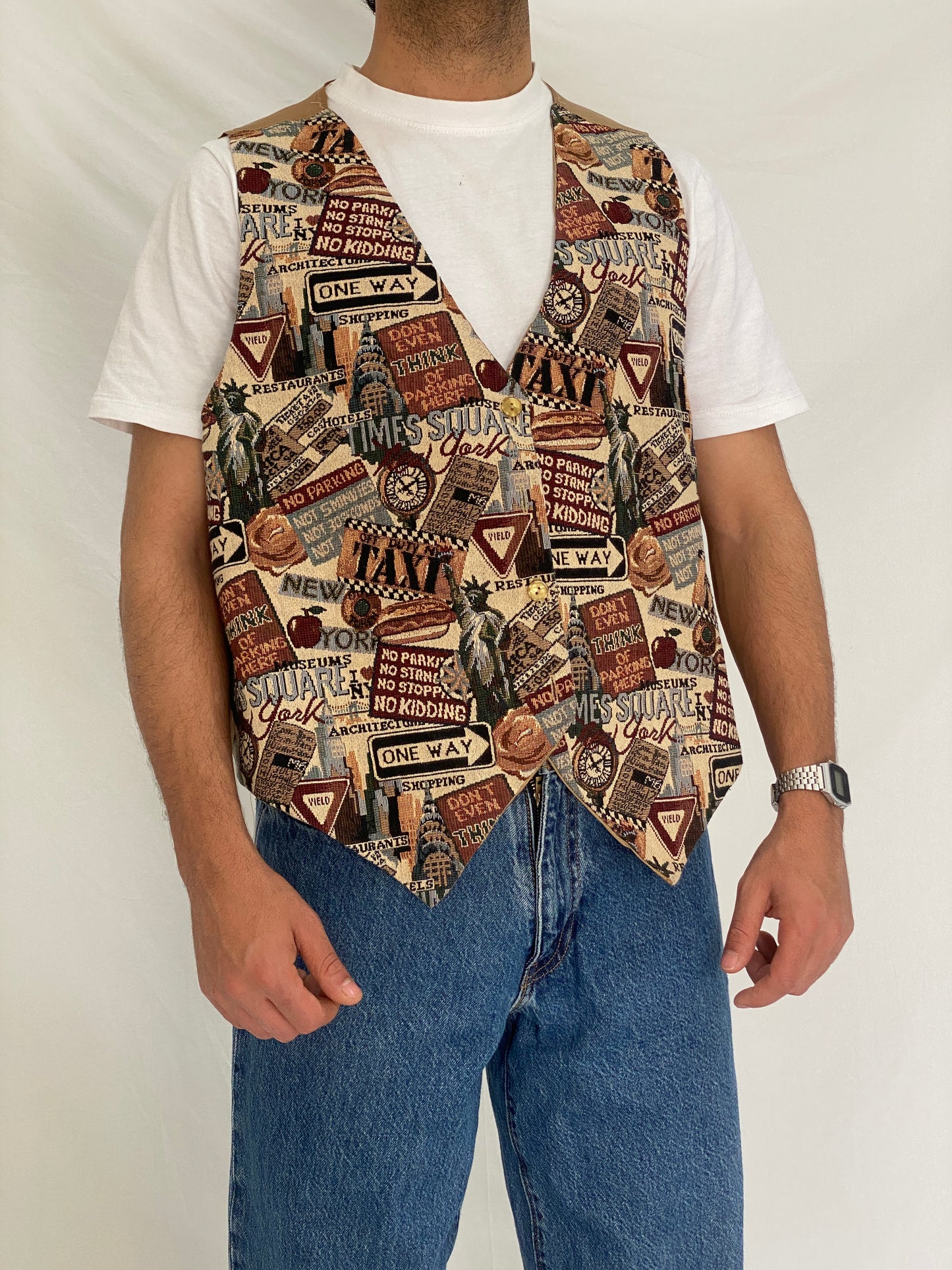 Vintage Basic Editions NYC Tapestry Vest Graphic Street Waistcoat – XL