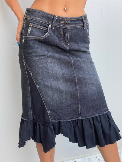 Y2K Mexx Dark Wash Denim Ruffle Midi Skirt Whimsigoth Hem – XS