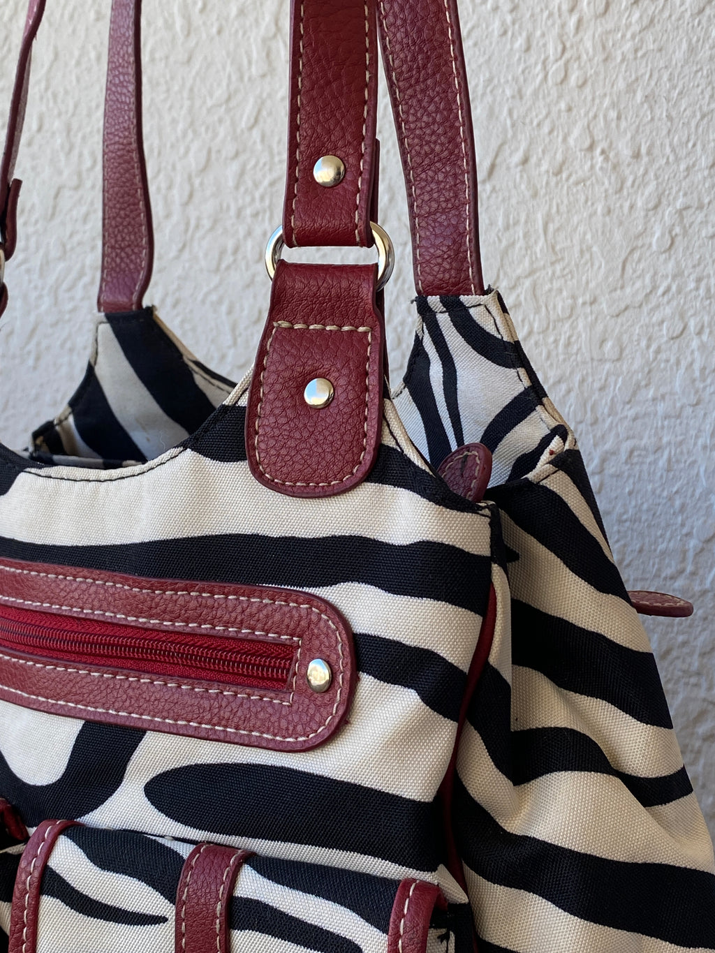 Vintage Y2K Zebra Print Black White Shoulder Bag Canvas with Faux Leather Red Detailing Purse
