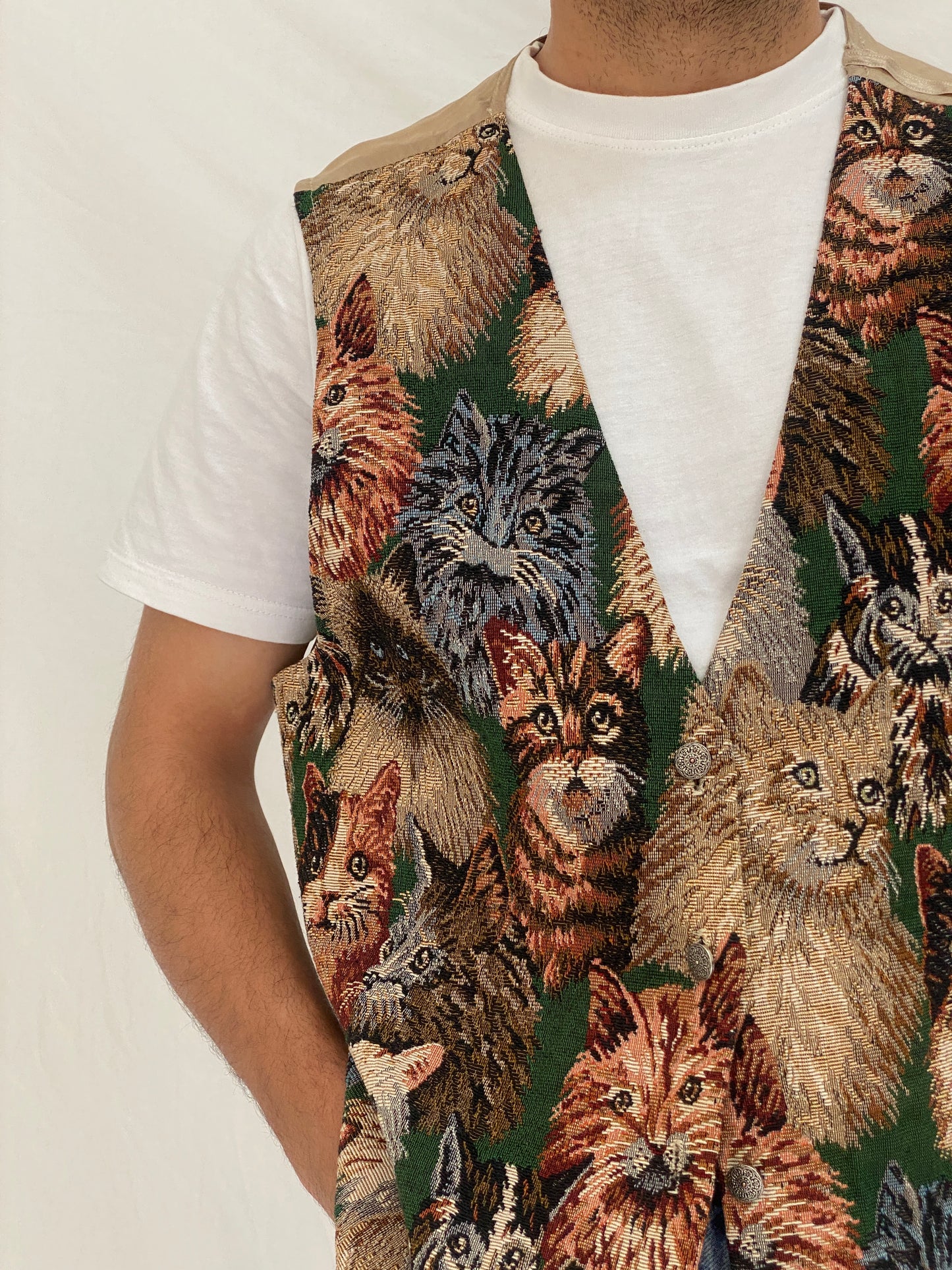Vintage Partners II Cat Tapestry Cotton Blend Vest Novelty Animal Boho Waistcoat – L