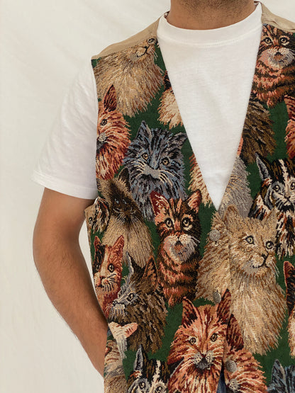 Vintage Partners II Cat Tapestry Cotton Blend Vest Novelty Animal Boho Waistcoat – L