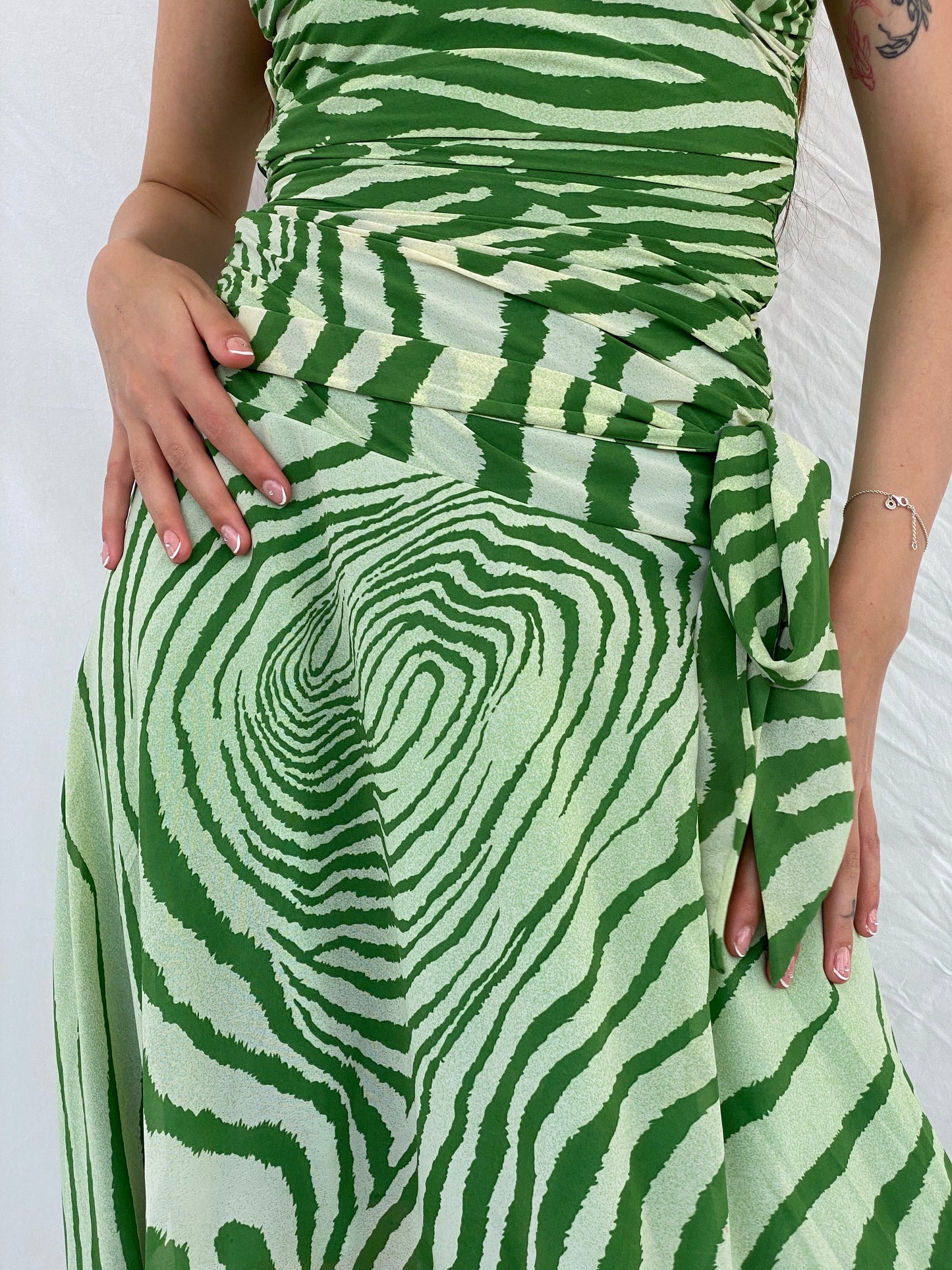 Pilgrim Green Asymmetric Zebra Print Ruched Waist Halter Dress - S