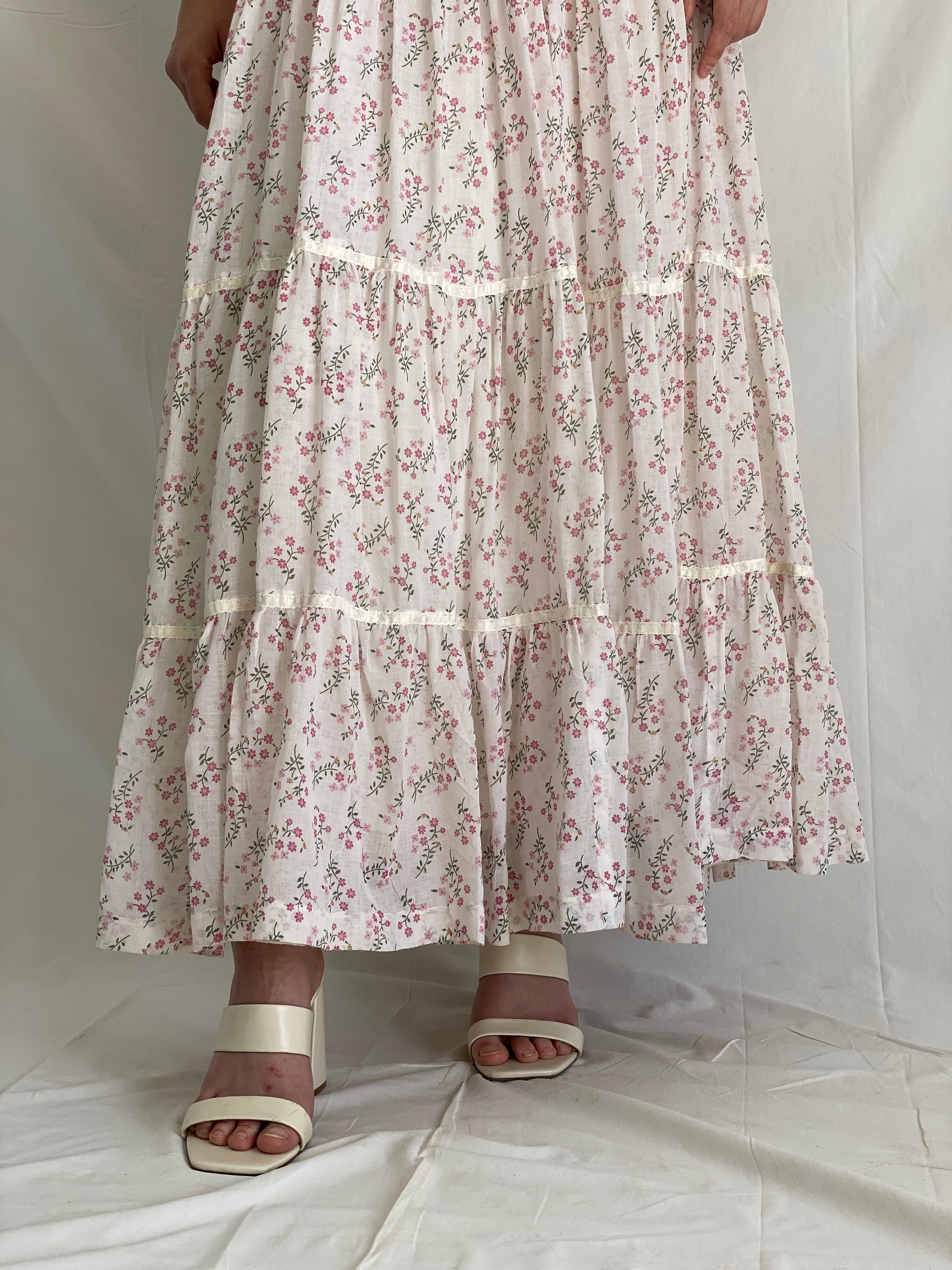 Vintage Gunne Sax by Jessica San Francisco Floral Cottagecore Maxi Dress Off Shoulder Ruffle Lace Prairie Gown - M