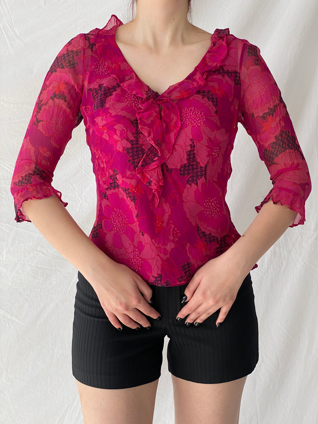 Beautiful Vintage E C I New York Floral Pink Beaded Silk Ruffle See Through Blouse - M