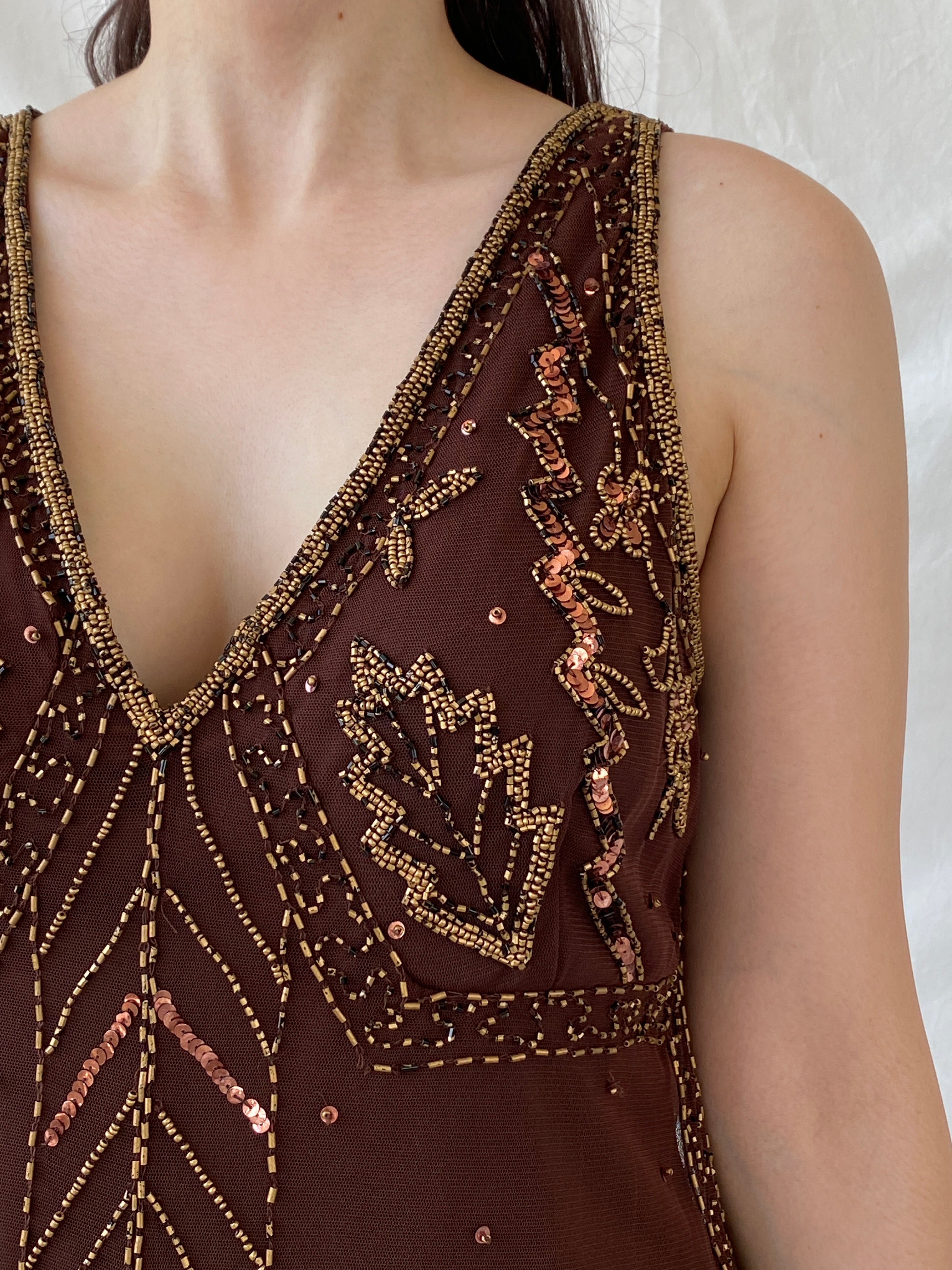 Vintage Wallis Brown Beaded Sequined Sleeveless Fairy Core Mesh Top - L