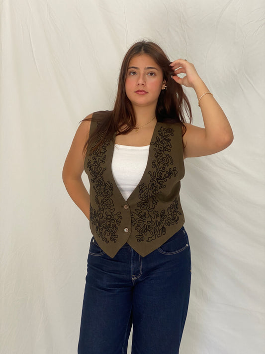Vintage 90s Banana Republic Olive Embroidered Rayon Vest – L