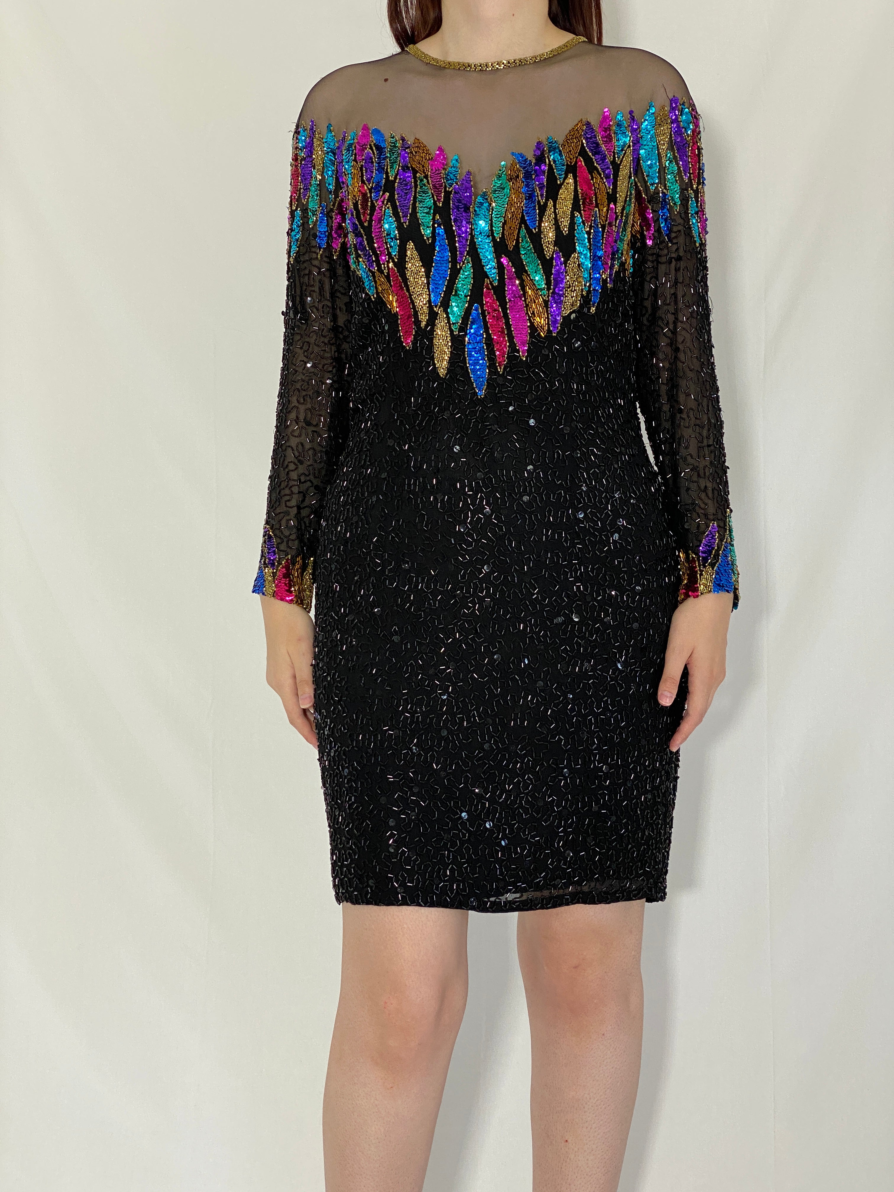 Rare Vintage 80s/90s NITE Line Beaded Silk Heavy Party Dress - M