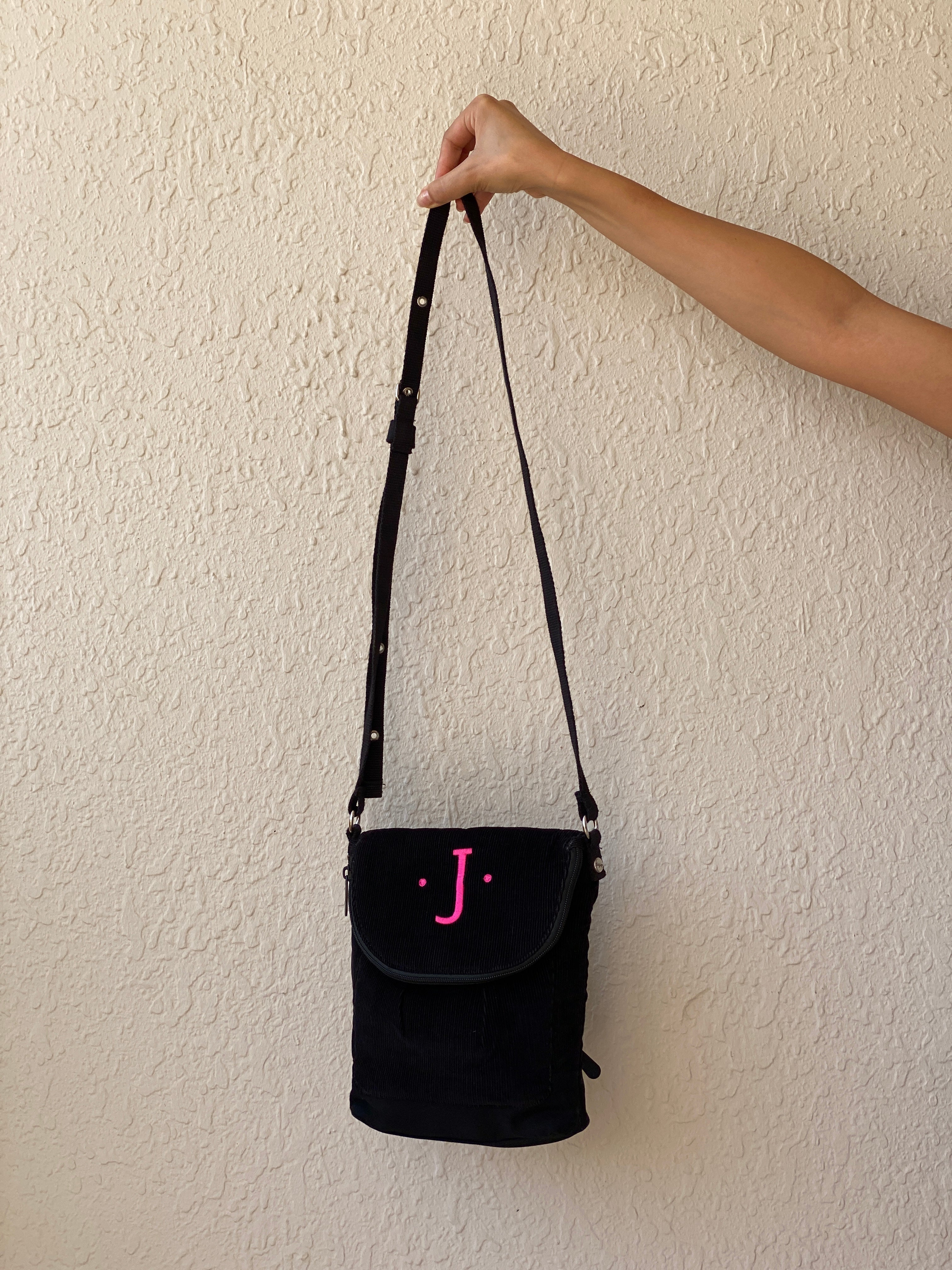 Y2K Thirty-One Black Corduroy Crossbody Bag with Pink Monogram J