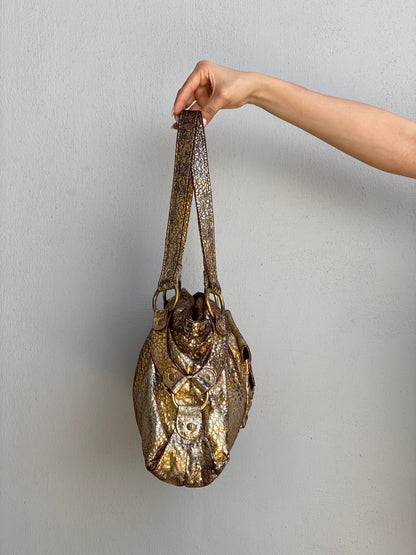Vintage Y2K Metallic Gold Faux Snakeskin Shoulder Bag
