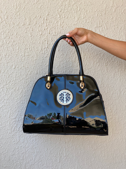 Y2K Black Patent Faux Leather Structured Shoulder Bag