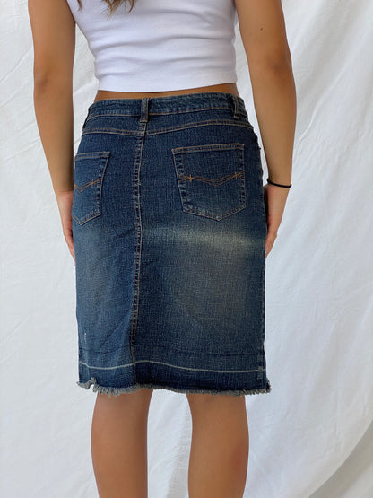 Vintage Y2K Route 66 Stretch Fit Midi Denim Skirt - M