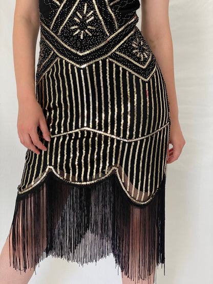 Vintage Art Deco Gatsby Black & Gold Sequin Fringe Cocktail Dress –  S