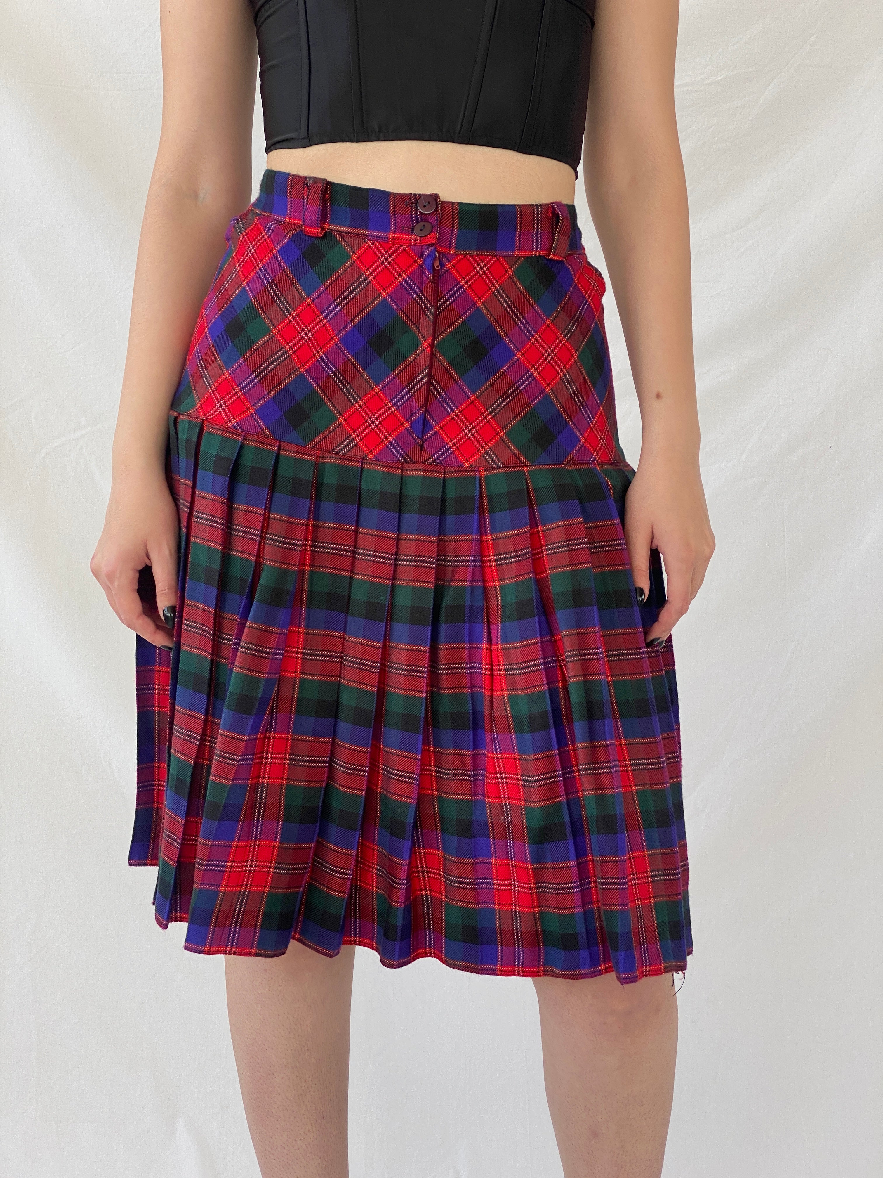 Vintage ABONE Giyim Plaid Pleated Red Wool Blend Midi Drop Waist Skirt - M