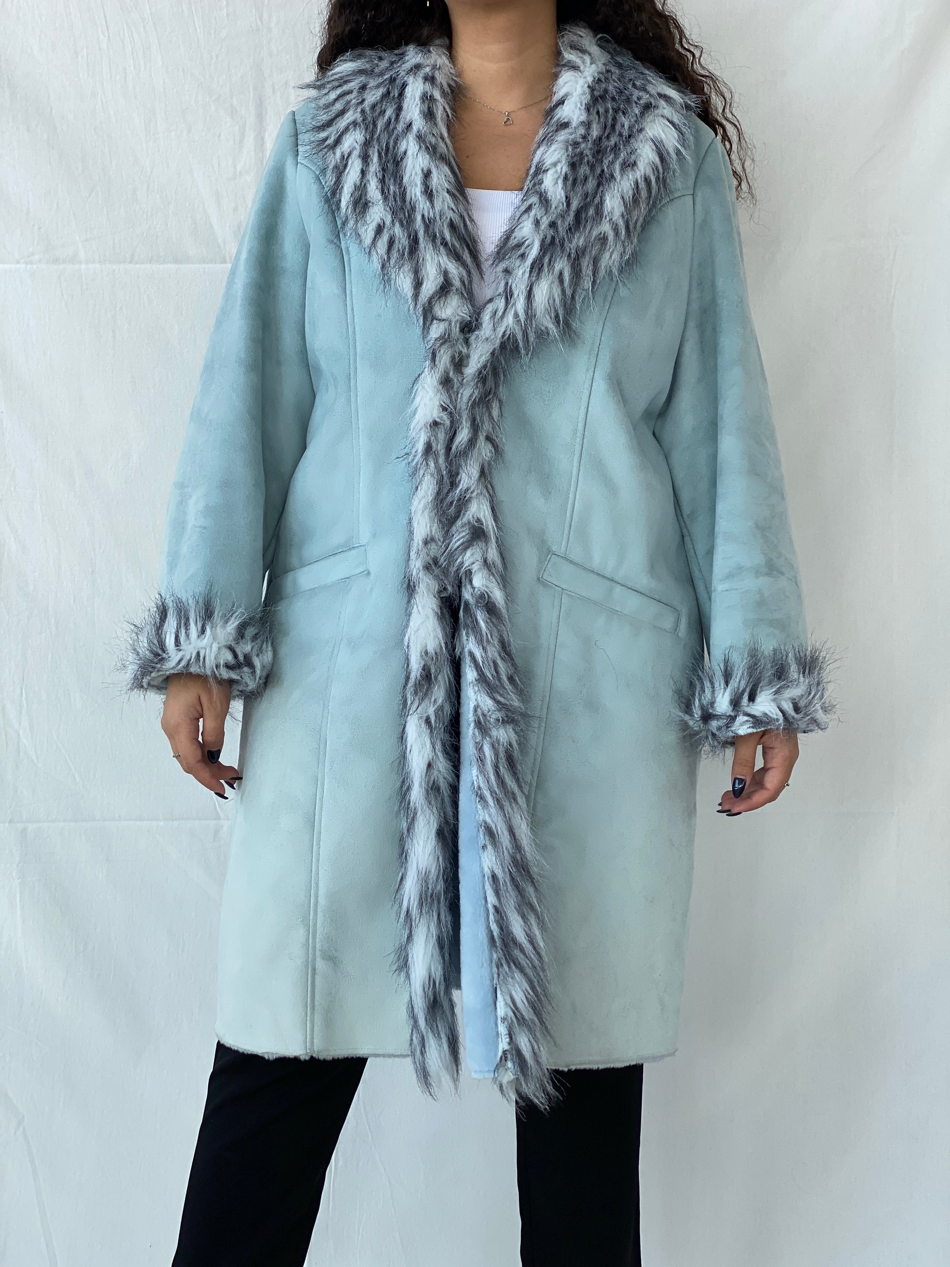Y2K Blue Faux Fur Afghan Style Penny Lane Coat - 2XL