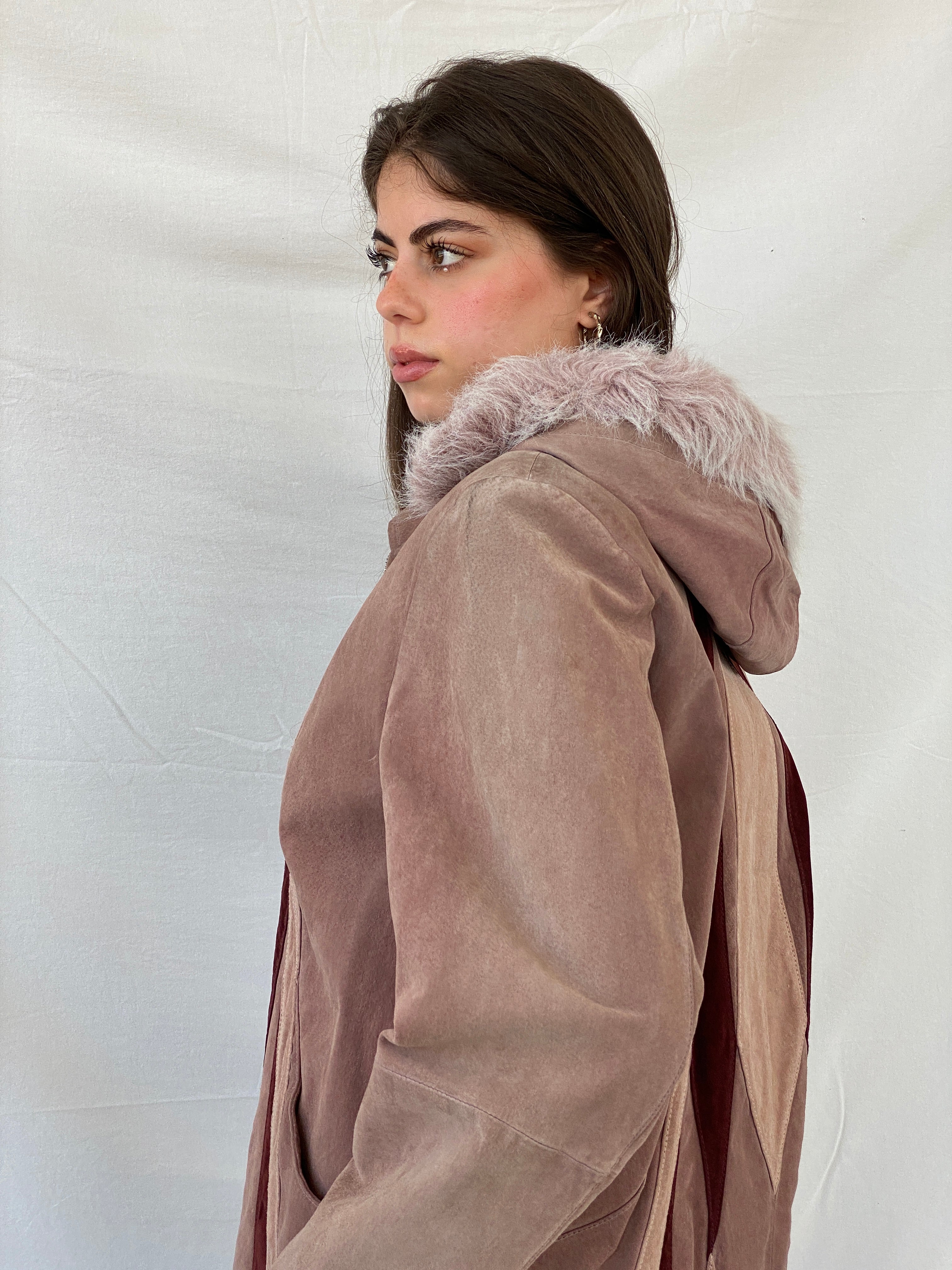 معطف من جلد الغزال الوردي الأصلي من التسعينيات بسحاب ثقيل ومرقع - مقاس كبير