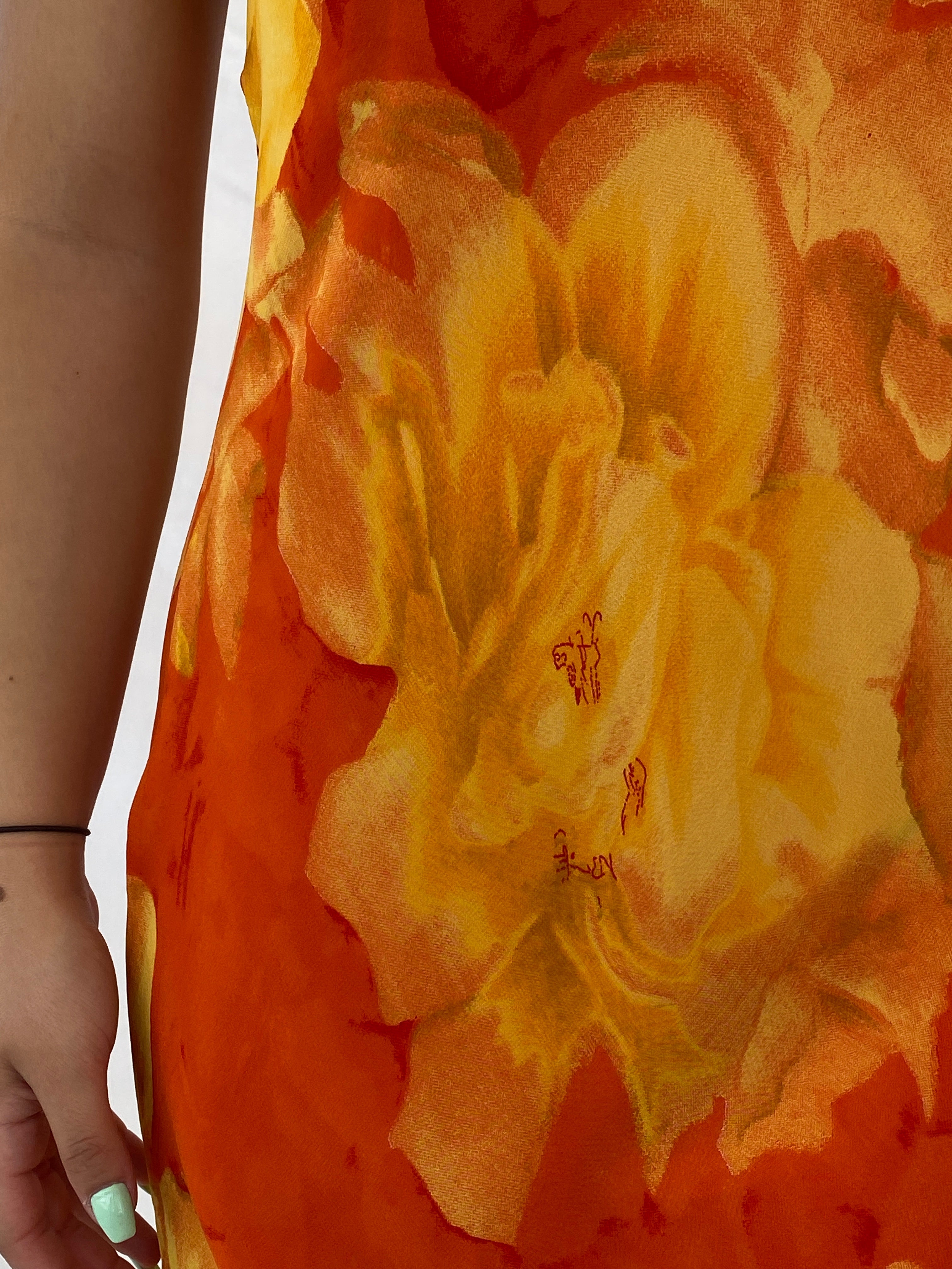 Vintage 90s Orange and Yellow Floral Midi Dress - S