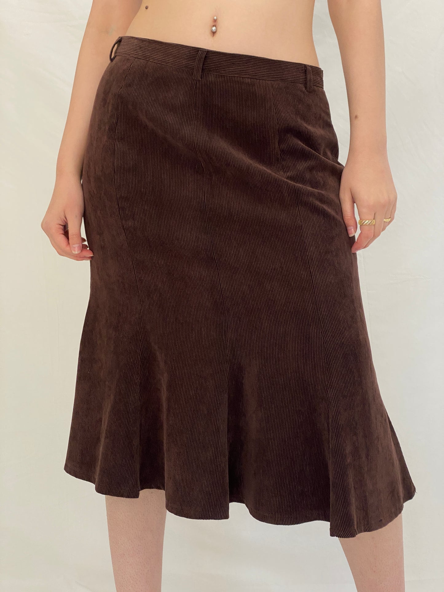 Vintage Late 90s Armani Brown Wool Corduroy A-Line Midi Skirt - L