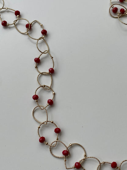 Vintage NY Gold Tone Open Link Chain Necklace with Red Crystal Beads