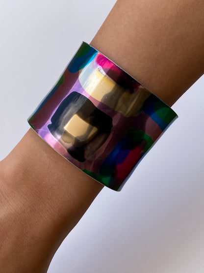 Vintage 1990s Pink Abstract Painted Wide Metal Cuff Bracelet