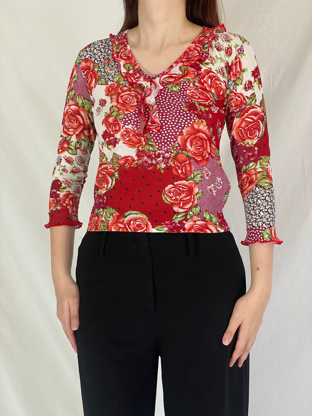 Y2K ESCARCHA Collection Red & Rose Floral Sheer Ruffle Top - M
