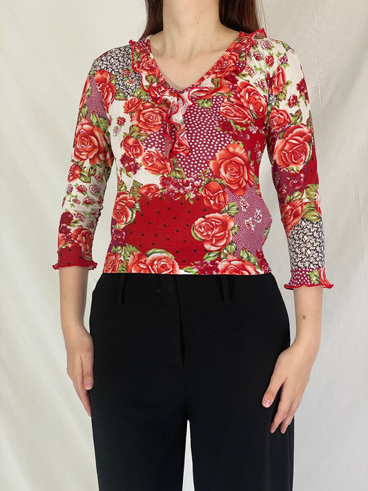 Y2K ESCARCHA Collection Red & Rose Floral Sheer Ruffle Top - M