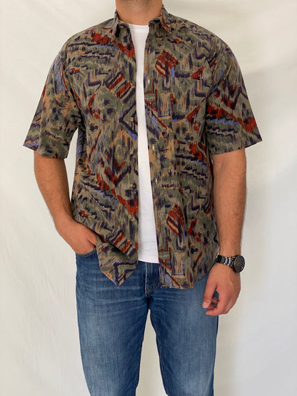 Vintage Bachrach Abstract Short Sleeve Olive Cotton Blend Shirt – L
