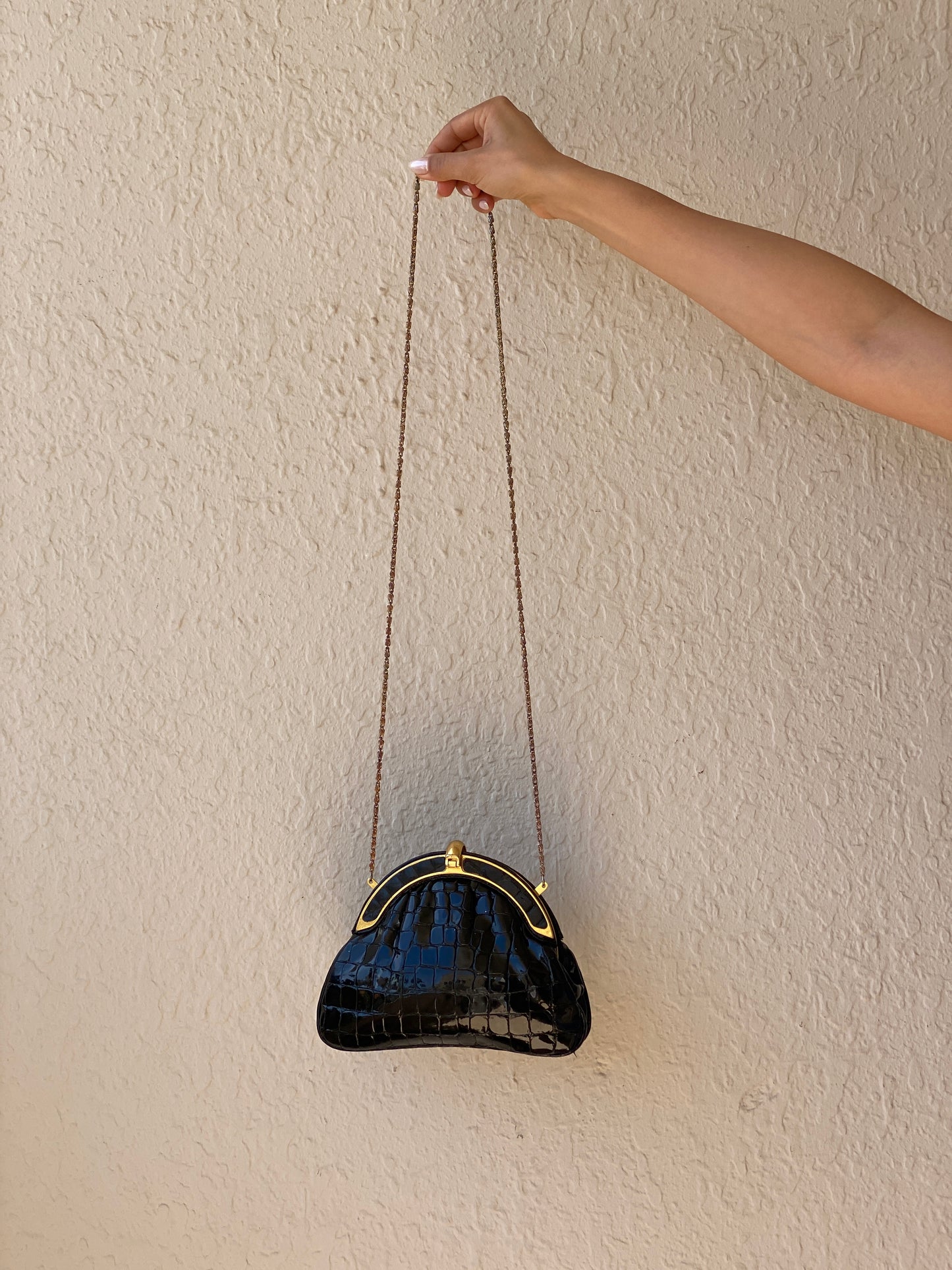 Vintage 1980s Black Croc Embossed Patent Rhinestone Bow Frame Gold Chain Evening Bag