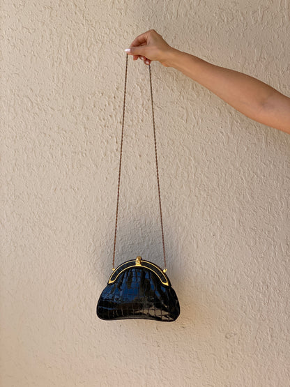 Vintage 1980s Black Croc Embossed Patent Rhinestone Bow Frame Gold Chain Evening Bag