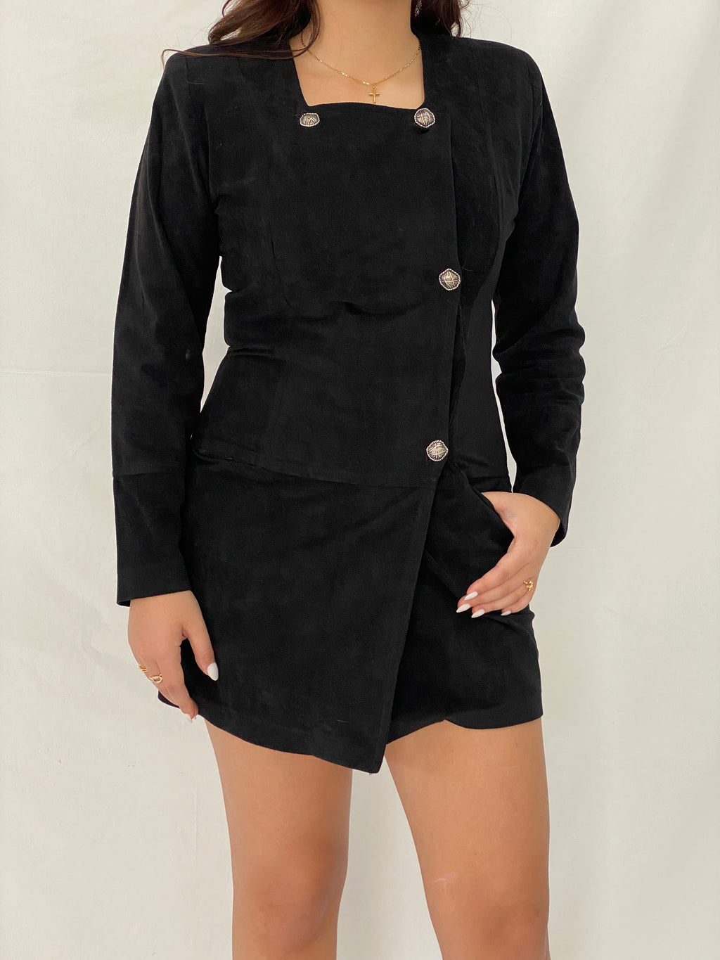 Vintage Black Suede-Look Fitted Blazer Mini Dress Asymmetrical Button Detail Long Sleeve Office Dress - S