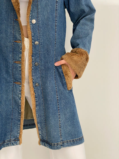 Y2K Luckystars Heavy Denim Coat with Brown Faux Fur Lining – L