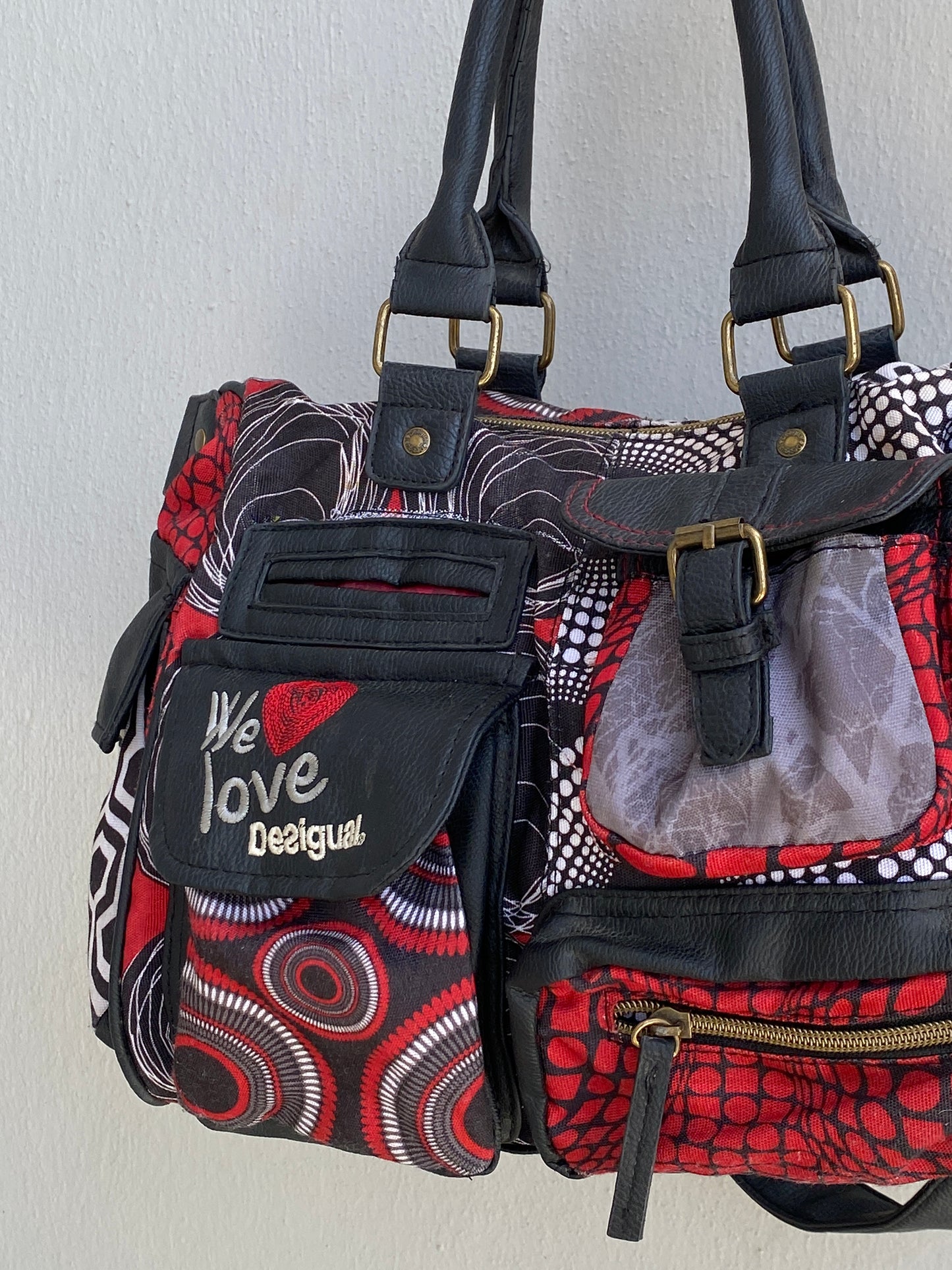 Vintage Y2K Desigual Patchwork Print Multi Pocket Shoulder Bag Boho Graphic Tote