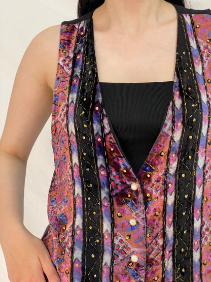Vintage 90s Jane Ashley Beaded Velvet Boho Purple Multicolor Vest – L