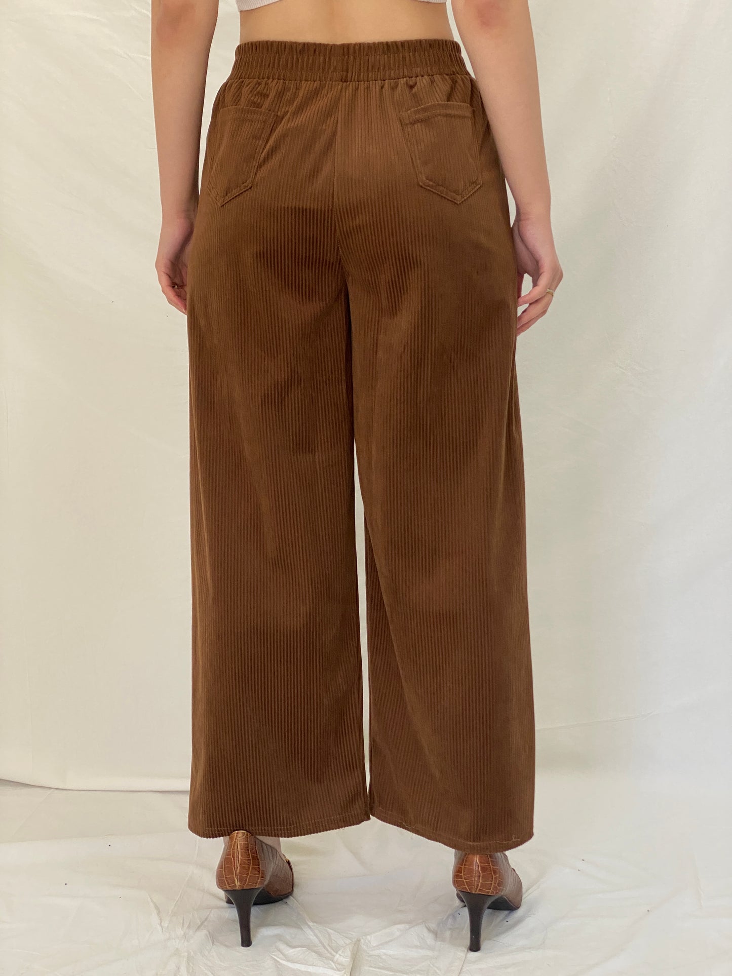 Handmade Brown Corduroy Pants Elastic Waist Trousers - M