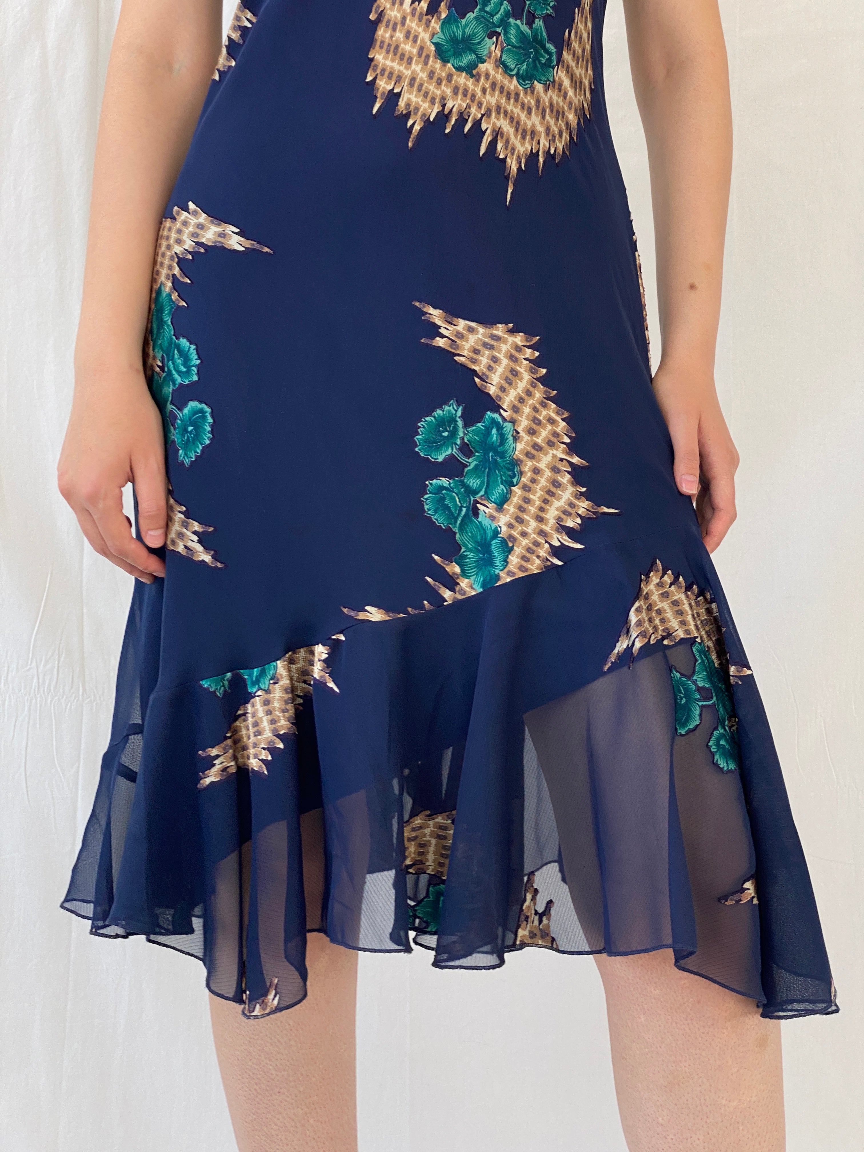 Vintage 90s Eva Blue Dark Blue Midi Asymmetrical Hem Dress - M