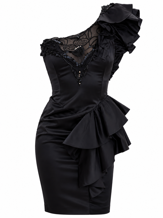 Vintage 80s Climax Karen Okada for David Howard Black Acetate One-Shoulder Beaded Ruffle Cocktail Dress - XS